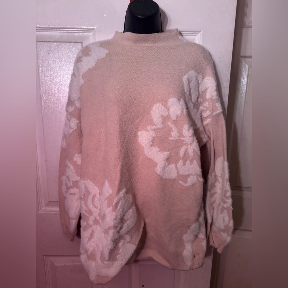 Anthropologie Cream Floral Turtleneck Sweater